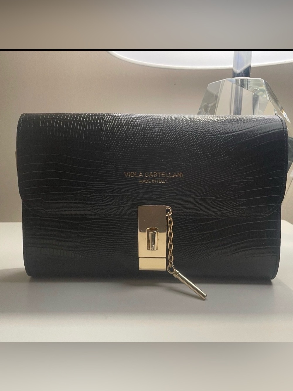 Black Textured Leather Clutch with Gold Hardware